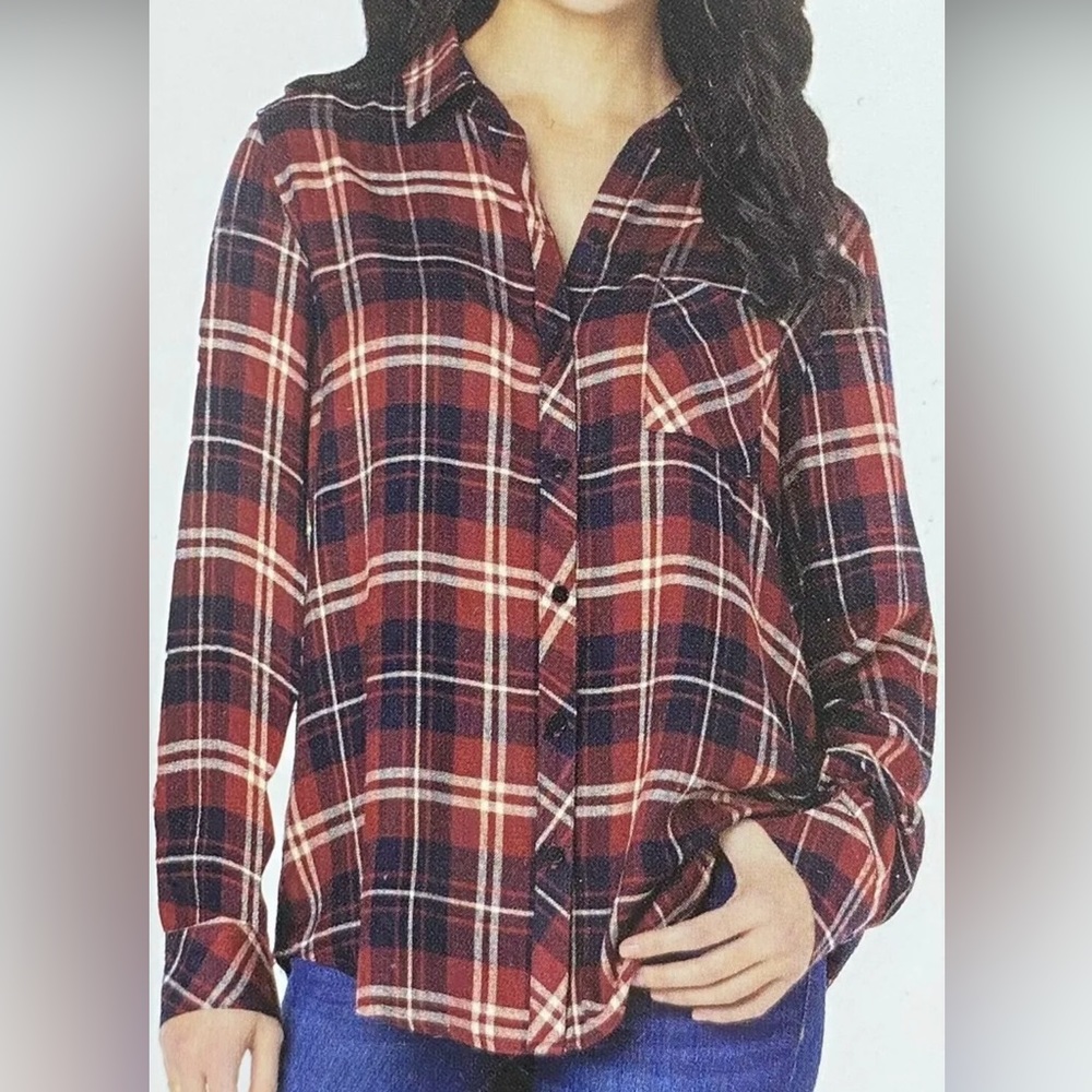 Well Worn Ladies' Flannel Button-Up Shirt, Indigo Raspberry Plaid, Size S EUC